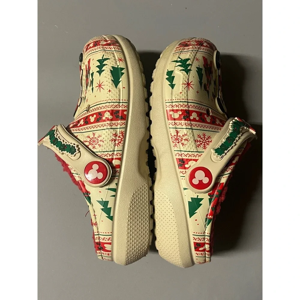 Crocs Disney Mickey Mouse Christmas Holiday Fuzz Lined Clogs Cream Red Size C10